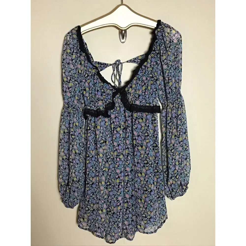 Free People Pennie Mini Dress floral print, long blouson sleeves lace trim XS